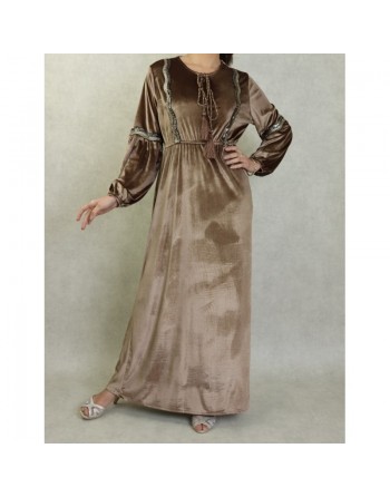 Robe orientale en velours avec broderies et paillettes pour femme - Couleur Brun 