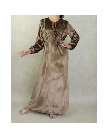 Robe orientale en velours avec broderies et paillettes pour femme - Couleur Brun 