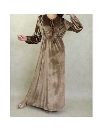 Robe orientale en velours avec broderies et paillettes pour femme - Couleur Brun 