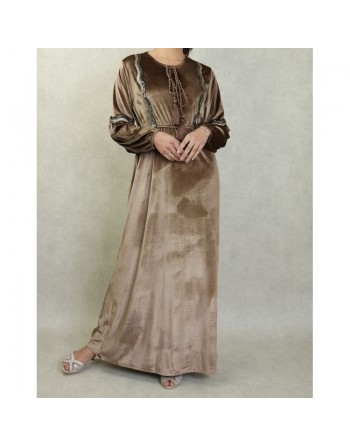 Robe orientale en velours avec broderies et paillettes pour femme - Couleur Brun 