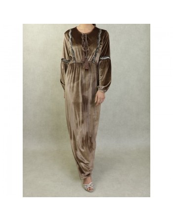 Robe orientale en velours avec broderies et paillettes pour femme - Couleur Brun 
