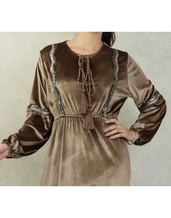Robe orientale en velours avec broderies et paillettes pour femme - Couleur Brun 
