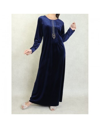 Robe longue en velours brodée sobre et élégante pour femme (Automne/Hiver) - Couleur Bleu marine 