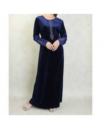 Robe longue en velours brodée sobre et élégante pour femme (Automne/Hiver) - Couleur Bleu marine 