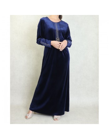 Robe longue en velours brodée sobre et élégante pour femme (Automne/Hiver) - Couleur Bleu marine 
