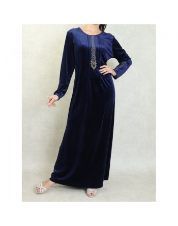 Robe longue en velours brodée sobre et élégante pour femme (Automne/Hiver) - Couleur Bleu marine 