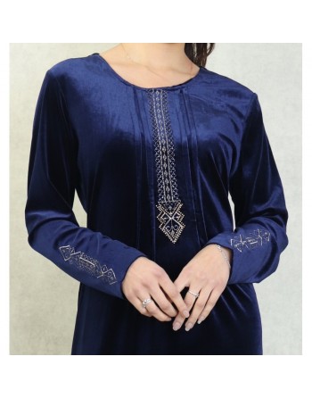 Robe longue en velours brodée sobre et élégante pour femme (Automne/Hiver) - Couleur Bleu marine 