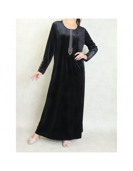 Robe longue en velours brodée sobre et élégante pour femme (Automne/Hiver) - Couleur Noir Robe longue en velours brodée sobre et élégante pour femme (Automne/Hiver) - Couleur Noir