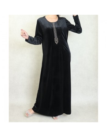 Robe longue en velours brodée sobre et élégante pour femme (Automne/Hiver) - Couleur Noir 