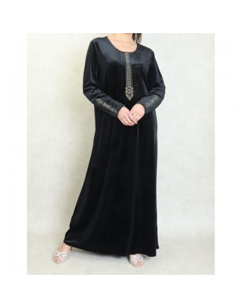 Robe longue en velours brodée sobre et élégante pour femme (Automne/Hiver) - Couleur Noir 