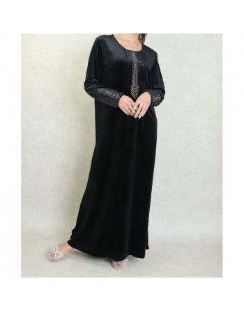 Robe longue en velours brodée sobre et élégante pour femme (Automne/Hiver) - Couleur Noir 