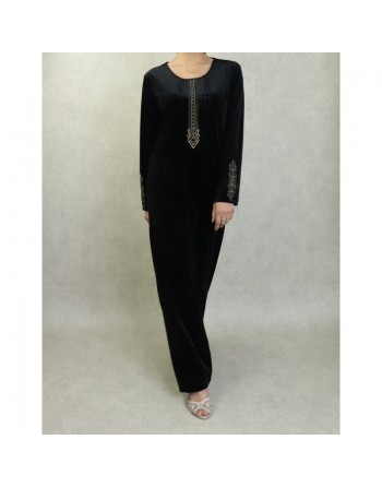 Robe longue en velours brodée sobre et élégante pour femme (Automne/Hiver) - Couleur Noir 