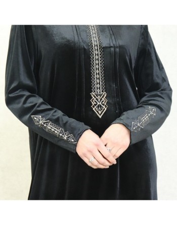 Robe longue en velours brodée sobre et élégante pour femme (Automne/Hiver) - Couleur Noir 