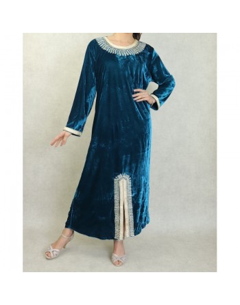 Robe arabe traditionnelle en velours brodée pour femme (Saison Automne-Hiver - Grande Taille disponible) - Couleur Bleu canard 