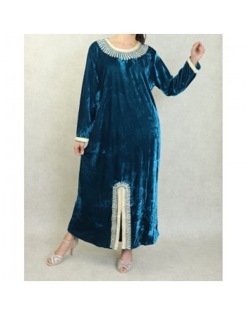 Robe arabe traditionnelle en velours brodée pour femme (Saison Automne-Hiver - Grande Taille disponible) - Couleur Bleu canard 