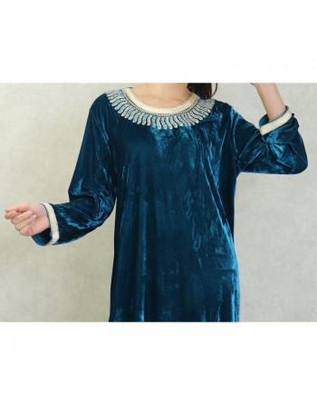 Robe arabe traditionnelle en velours brodée pour femme (Saison Automne-Hiver - Grande Taille disponible) - Couleur Bleu canard 