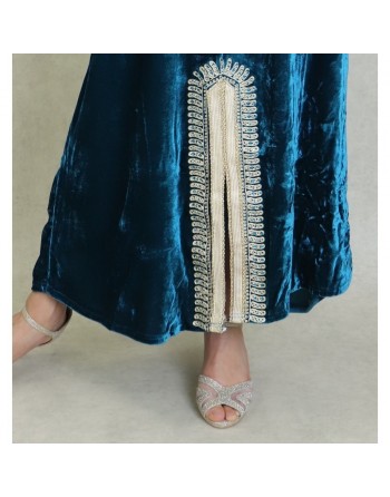 Robe arabe traditionnelle en velours brodée pour femme (Saison Automne-Hiver - Grande Taille disponible) - Couleur Bleu canard 