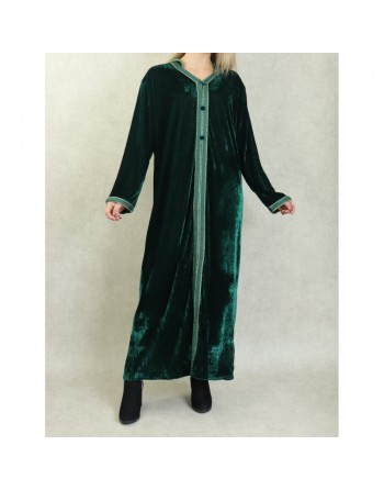 Robe Djellaba longue avec capuche pour femme (Automne Hiver) - Couleur Vert foncé 