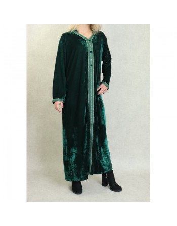 Robe Djellaba longue avec capuche pour femme (Automne Hiver) - Couleur Vert foncé 