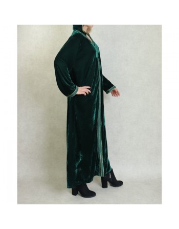 Robe Djellaba longue avec capuche pour femme (Automne Hiver) - Couleur Vert foncé 