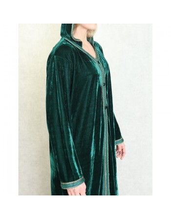 Robe Djellaba longue avec capuche pour femme (Automne Hiver) - Couleur Vert foncé 