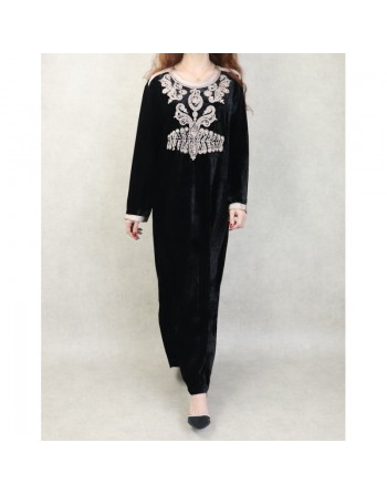 Robe orientale tunisienne manches longues effet velours avec broderies et perles pour femme (Automne Hiver) - Couleur Noir 