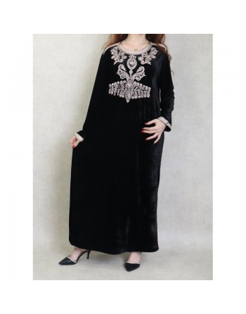 Robe orientale tunisienne manches longues effet velours avec broderies et perles pour femme (Automne Hiver) - Couleur Noir 