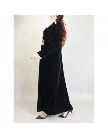 Robe orientale tunisienne manches longues effet velours avec broderies et perles pour femme (Automne Hiver) - Couleur Noir 