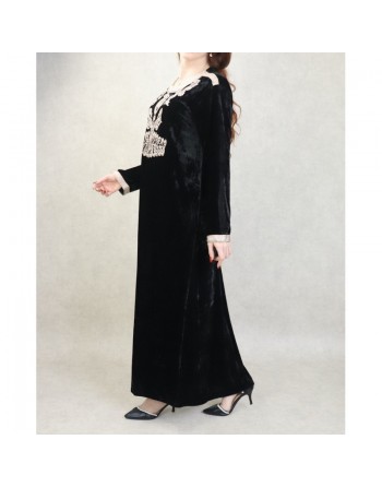 Robe orientale tunisienne manches longues effet velours avec broderies et perles pour femme (Automne Hiver) - Couleur Noir 