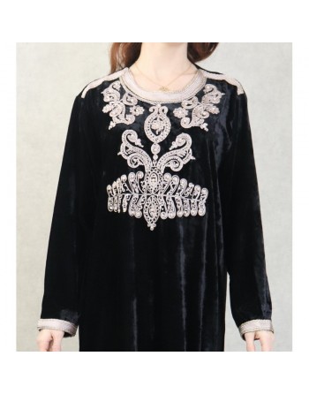 Robe orientale tunisienne manches longues effet velours avec broderies et perles pour femme (Automne Hiver) - Couleur Noir 