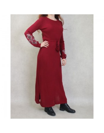 Robe longue en maille fine (Vetement Automne - Hiver) - Couleur Bordeaux 