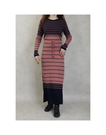 Robe en maille à rayures pour femme (Vêtement Automne-Hiver) - Couleur Rose 