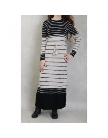 Robe en maille à rayures pour femme avec pompon (Vetement Automne-Hiver) - Couleur Noir et Crème 