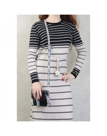 Robe en maille à rayures pour femme avec pompon (Vetement Automne-Hiver) - Couleur Noir et Crème 
