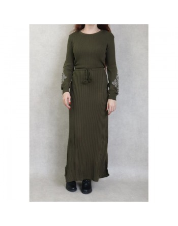 Robe longue en maille fine manche longue pour femme (Saison Automne - Hiver) - Couleur Kaki 