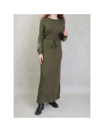 Robe longue en maille fine manche longue pour femme (Saison Automne - Hiver) - Couleur Kaki 