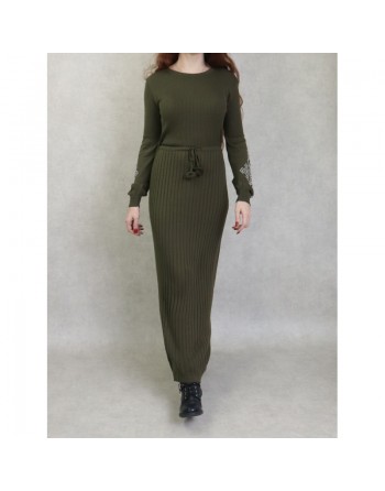 Robe longue en maille fine manche longue pour femme (Saison Automne - Hiver) - Couleur Kaki 