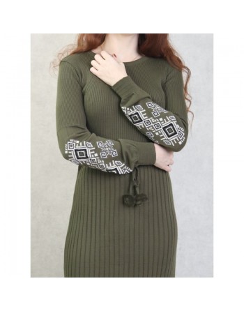 Robe longue en maille fine manche longue pour femme (Saison Automne - Hiver) - Couleur Kaki 