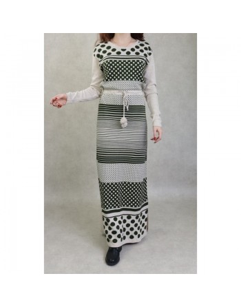 Robe maxi-longue en maille à motifs bicolore pour femme (Mode Automne-Hiver) - Couleur Vert kaki et beige 