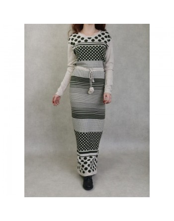 Robe maxi-longue en maille à motifs bicolore pour femme (Mode Automne-Hiver) - Couleur Vert kaki et beige 