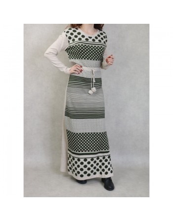 Robe maxi-longue en maille à motifs bicolore pour femme (Mode Automne-Hiver) - Couleur Vert kaki et beige 