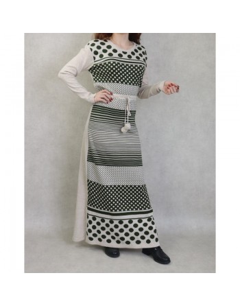 Robe maxi-longue en maille à motifs bicolore pour femme (Mode Automne-Hiver) - Couleur Vert kaki et beige 
