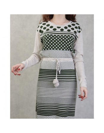 Robe maxi-longue en maille à motifs bicolore pour femme (Mode Automne-Hiver) - Couleur Vert kaki et beige 