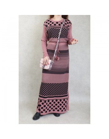 Robe maxi-longue en maille à motifs bicolore pour femme (Mode Automne-Hiver) - Couleur Rose 