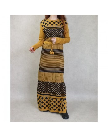 Robe tendance maxi-longue en maille à motifs bicolore pour femme (Vetement Automne-Hiver) - Couleur jaune moutarde / Bleu marine