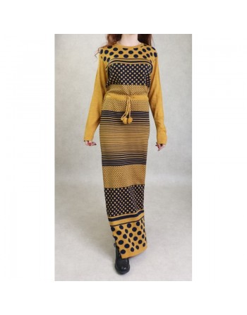 Robe tendance maxi-longue en maille à motifs bicolore pour femme (Vetement Automne-Hiver) - Couleur jaune moutarde / Bleu marine