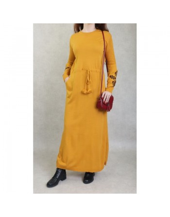 Robe longue en maille fine (Automne - Hiver) - Couleur Jaune moutarde 