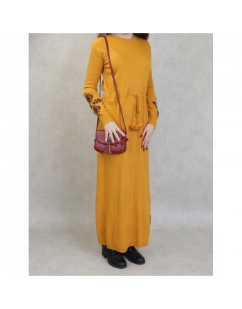 Robe longue en maille fine (Automne - Hiver) - Couleur Jaune moutarde 