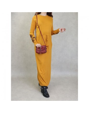 Robe longue en maille fine (Automne - Hiver) - Couleur Jaune moutarde 