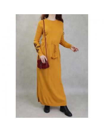 Robe longue en maille fine (Automne - Hiver) - Couleur Jaune moutarde 